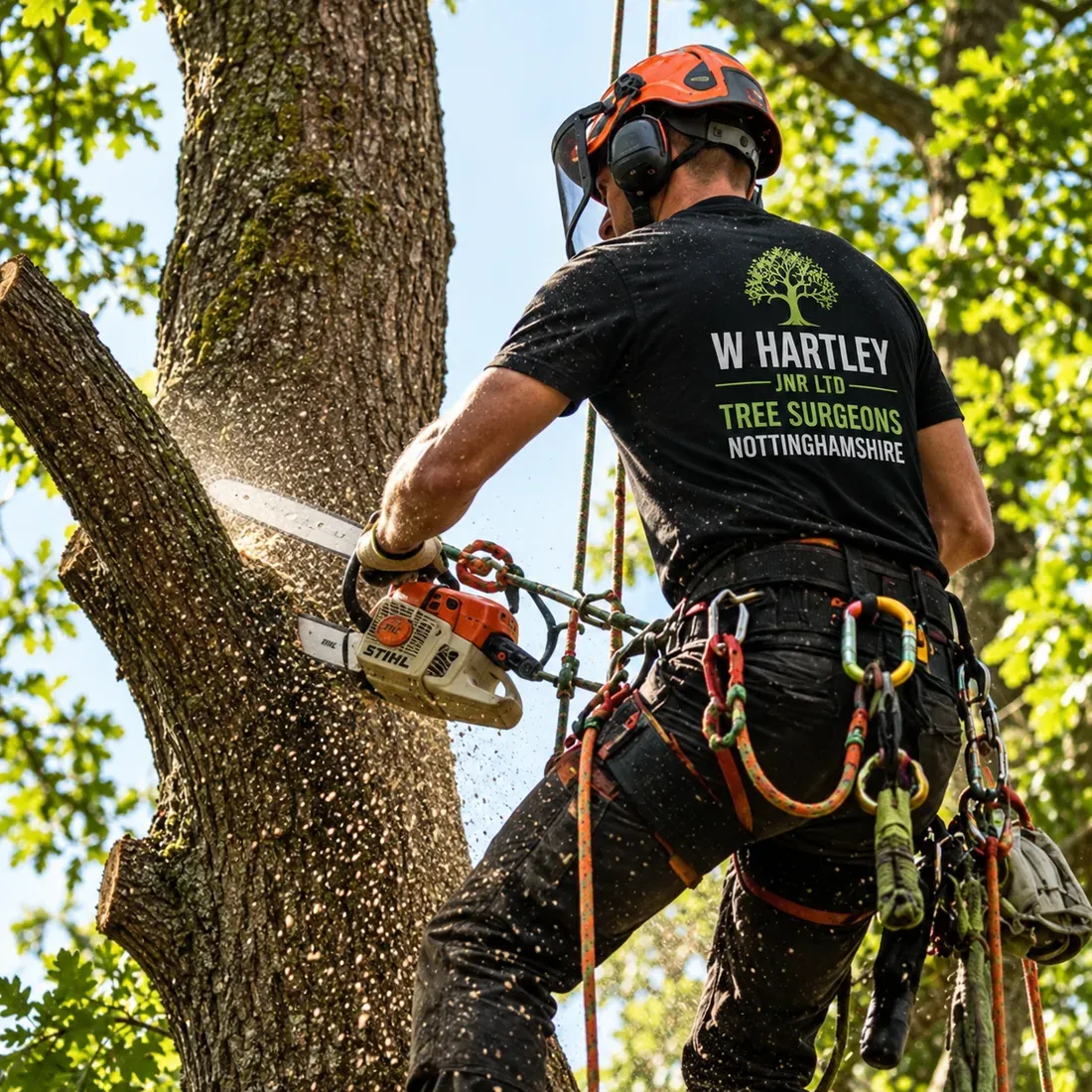 Arborist from W Hartley Jnr Ltd using a chainsaw while climbing a tree